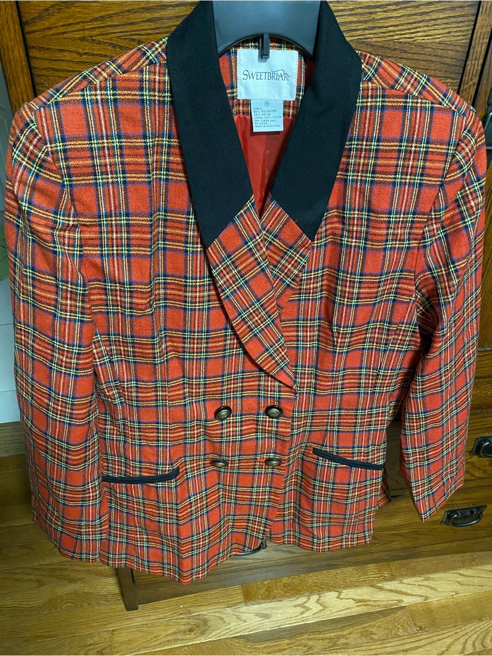 Red Plaid Double-Breasted Blazer with Black Lapel, 18 women’s